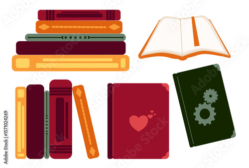 Vector clipart set of stacked books and open pages in warm autumn colors. Ideal for back-to-school projects, cozy reading themes, library design, or educational materials with seasonal vibes.