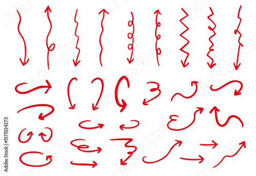 手書きの矢印のイラストセット　ベクター赤	
