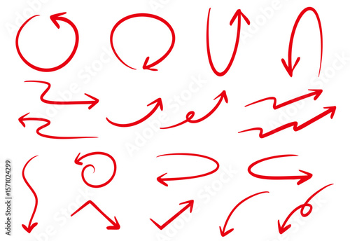 手書きの矢印のイラストセット　ベクター赤	