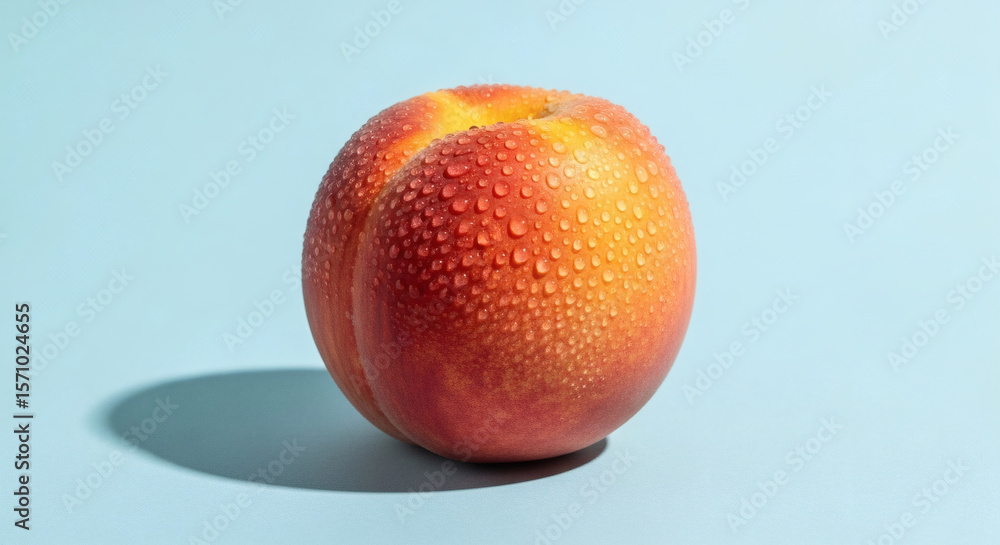 Fototapeta premium Fresh Peach with Water Droplets on Blue Background Close Up