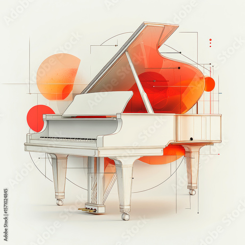 A white grand piano with abstract orange-red watercolor splashes and geometric lines in artistic style