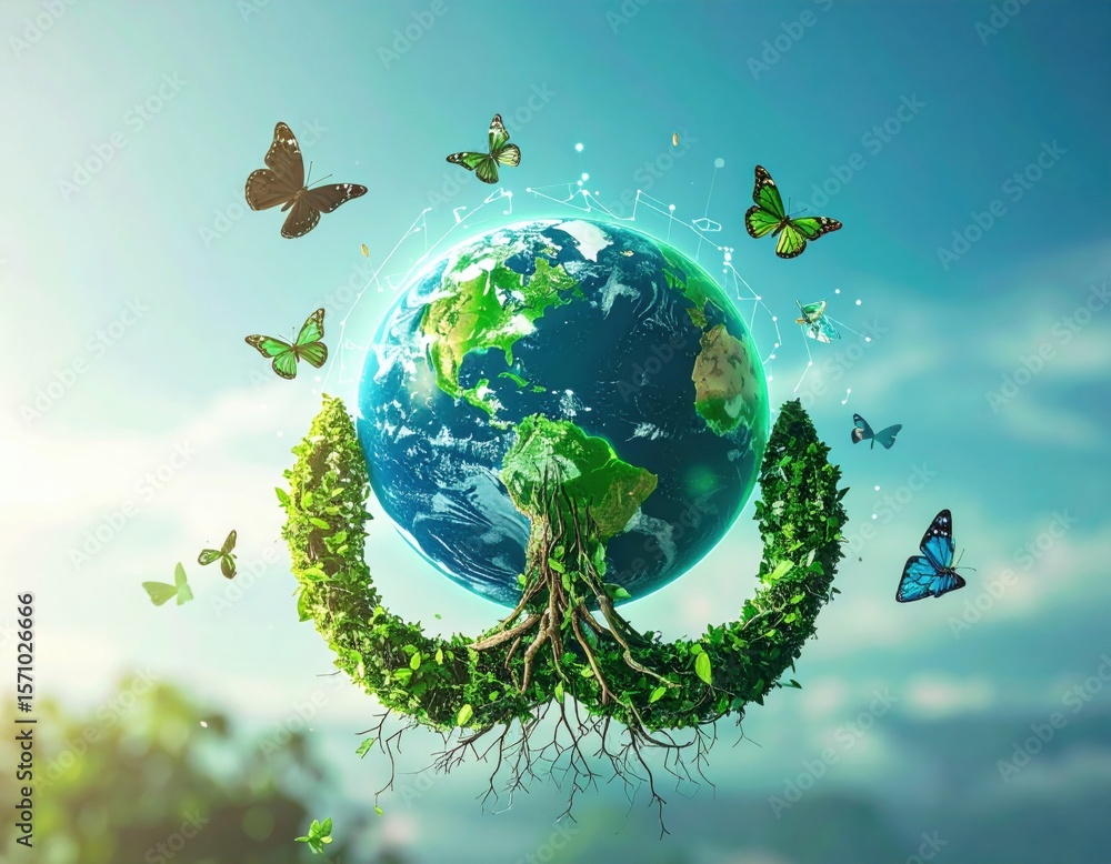 Naklejka premium Earth surrounded by green foliage forming a peace symbol with roots, encircled by flying butterflies against a blue sky.