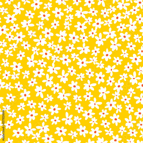 Patrón floral retro con flores blancas sobre fondo amarillo brillante