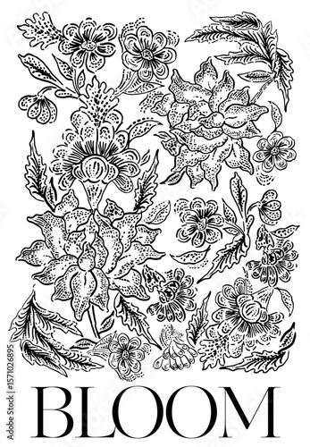 Ilustración floral en blanco y negro con la palabra “Bloom”
