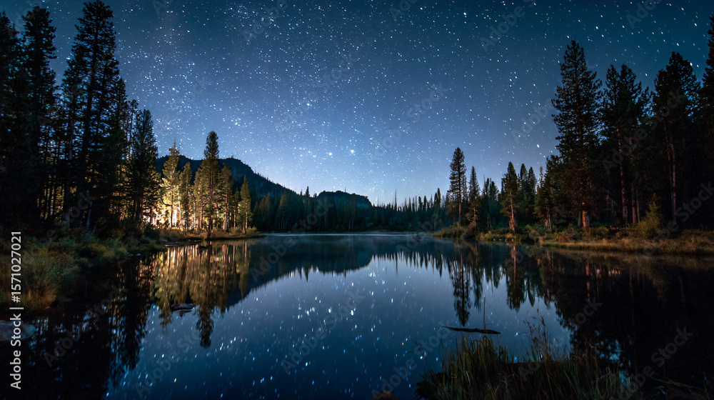 Night Lake and Stars: Serene night scene featuring a tranquil lake reflecting a breathtaking starry sky, surrounded by majestic pine trees. Night Lake and Stars: Serene night scene featuring a tranquil lake reflecting a breathtaking starry sky, surrounded by majestic pine trees.