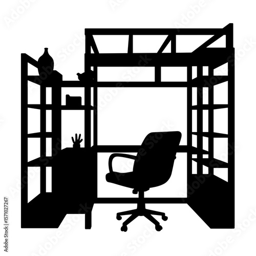 Silhouette of freestanding room divider with desk and shelving, compact space solution