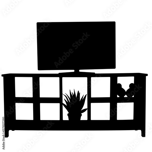 Silhouette of modular storage cubes under TV console, flexible storage solution