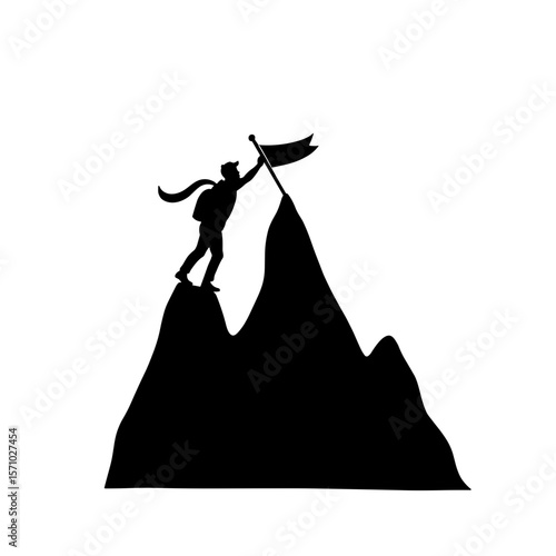 Silhouette of student placing flag on mountain peak, achievement and success