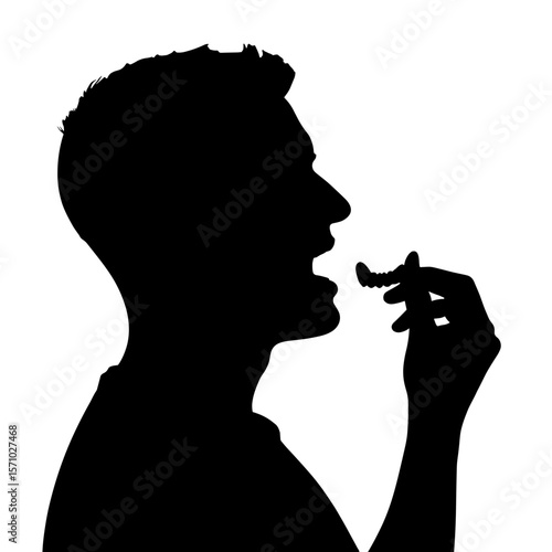 Silhouette of person holding denture near mouth, oral health education