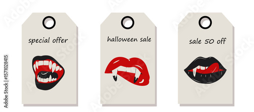 Discount Price Tags with glamorous set of vampire lips featuring blood red color and sharp fangs, offering a bold and dramatic look.