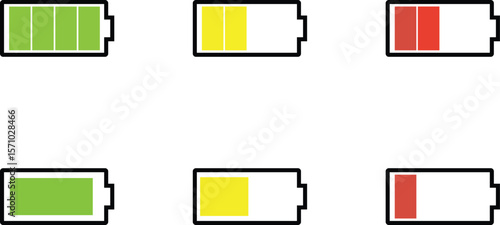 Battery icons set. . Charge level indicator collection with low, medium, full and charging symbol for app and UI. , battery capacity symbol, vector illustration