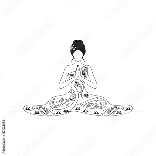 Elegant line art of a woman in lotus pose with paisley and lotus motifs