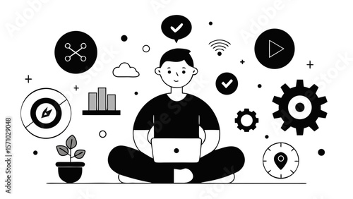 Man in yoga position working on laptop surrounded by digital icons and data elements in black and white minimal style