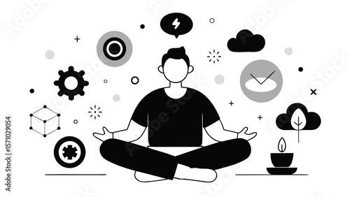 Man meditating in lotus position surrounded by abstract icons in black and white minimal style