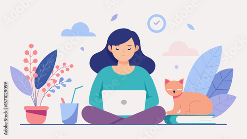 girl  in yoga position working on laptop with cat, plants and drink in peaceful home setting in flat pastel style