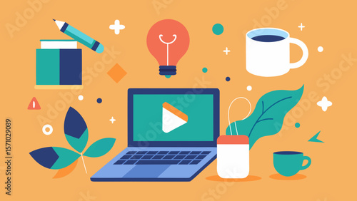 Creative workspace with laptop, coffee, plants and design elements in colorful flat style