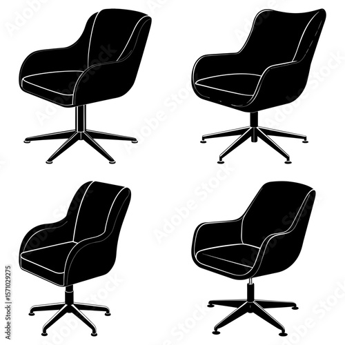 Four black swivel chairs with armrests arranged in a grid pattern on a white background design element