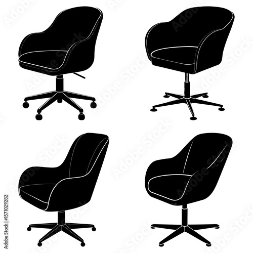 Four black office chairs with swivel bases and armrests arranged in a square pattern on white 100charac