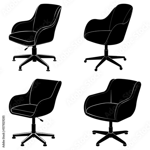 Four black office chairs with armrests and five legged bases arranged in a square pattern on white