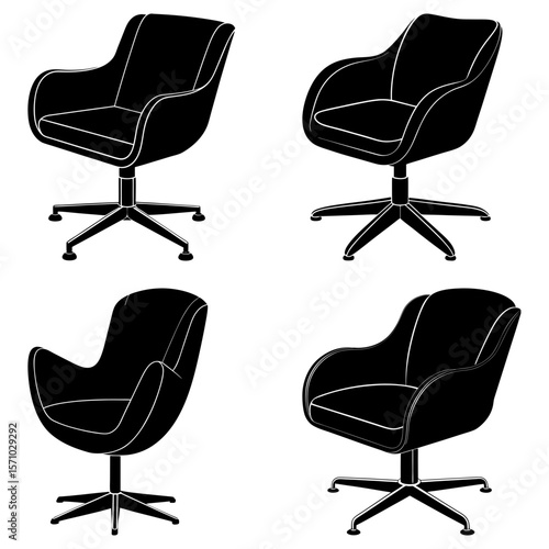 Four black swivel chairs with unique designs arranged in a square formation on a white background