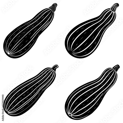 Four black and white zucchini illustrations arranged diagonally on a white background image design