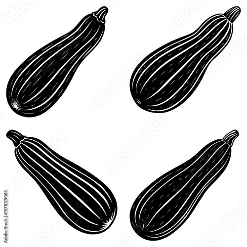 Four black and white zucchini vegetables arranged in a square pattern on a white background design element