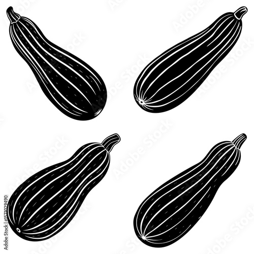 Four black and white zucchini vegetables arranged in a pattern on a plain white background image