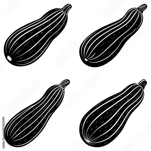 Four black and white zucchini vegetables arranged on a white background in a simple illustration style