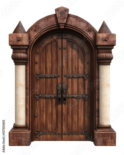 Imposing Front View of a Medieval Wooden Door with Ornate Ironwork and Stone Pillars