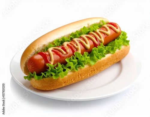 Hot dog on a plate with white background.
