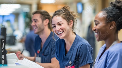 Group of nurses chatting happily at nurse station