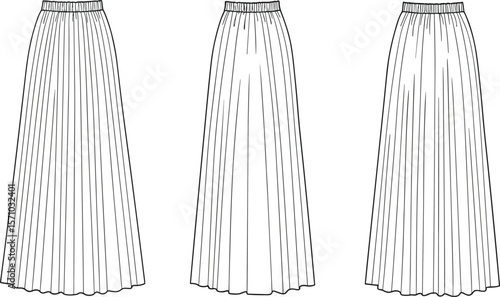 Fashion flat sketch of women’s pleated and gathered long skirts, front view, technical clothing design, apparel template, vector illustrationFashion flat sketch of women’s pleated and 