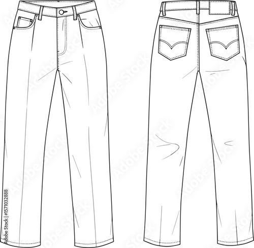 Classic denim jeans technical flat sketch, front and back view line drawing, unisex fashion pants design for apparel template illustration.Classic denim jeans technical flat sketch, front and