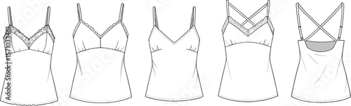 Women’s camisole top technical flat sketch with lace details and strap variations, lingerie fashion template for apparel design illustration.Women’s camisole top technical flat sketch with lace  