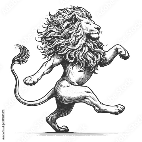 Heraldic Lion sketch engraving generative ai vector illustration. Scratch board imitation. Black and white image.