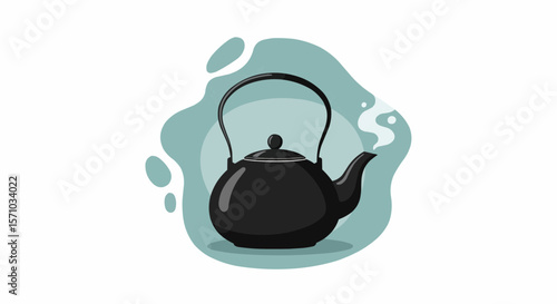 Illustration of a black kettle with steam coming out of its spout on a teal background shape
