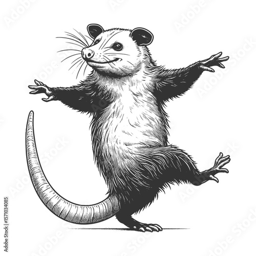 Dancing Opossum sketch engraving generative ai fictional character vector illustration. Scratch board imitation. Black and white image.