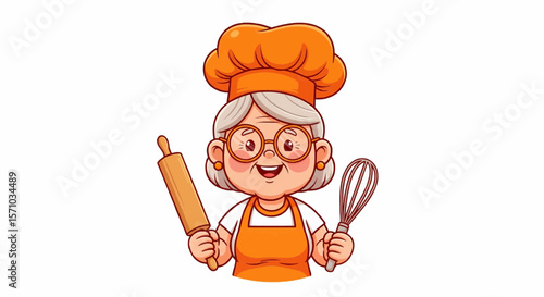 Illustration of a smiling grandmother wearing a chef's hat and apron holding a rolling pin and whisk