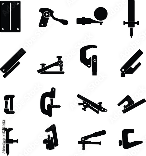 Industrial Clamp and Fastening Tool Silhouettes Collection: Grips, Latches, and Assembly Devices for Construction & Workshop Projects.