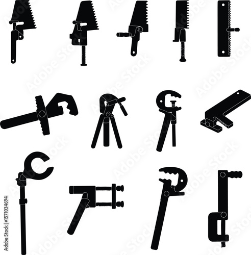 Specialized Industrial Tool Silhouettes Collection: Diverse Clamps, Saws, and Workshop Implements for Construction & Fabrication Projects.