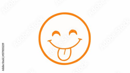 Orange outline of a happy face with closed eyes and tongue sticking out on a white background design