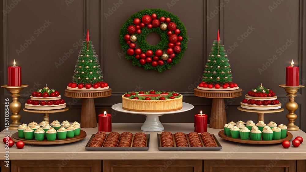 Naklejka premium Festive christmas dessert table with cakes cupcakes and festive decorations