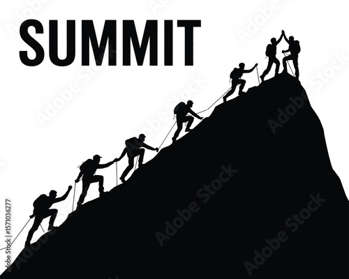 Silhouette of Climbers Helping Each Other – Group Hiking Up Steep Rocky Terrain