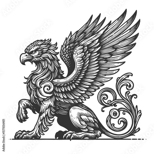 regal griffin with eagle wings and lion body, posed in a classic heraldic style with intricate detailing sketch engraving generative ai vector illustration. Scratch board. Black and white image.