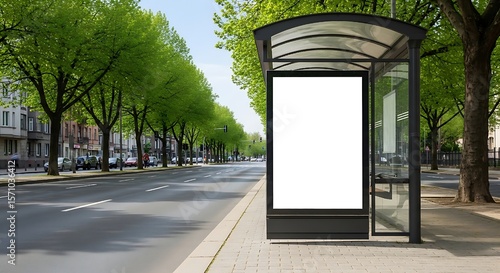 Bathed in natural light, an empty billboard at a bus stop on a bustling street with lush green trees provides an ideal canvas for showcasing innovation, public service announcements, or commercial pro