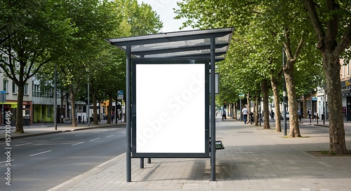 Depicting a clear, unobstructed advertising space at a bus stop on a tranquil, tree-lined avenue, this image is perfect for illustrating smart city solutions, sustainable urban planning, and effective