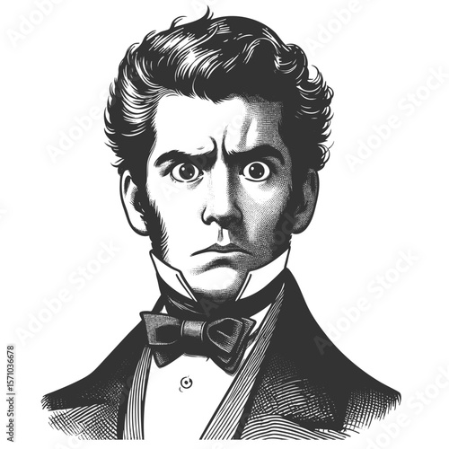man with wide eyes and puckered lips, expressing shock or amazement in vintage attire sketch engraving generative ai fictional character vector illustration. Scratch board imitation. Black and white.