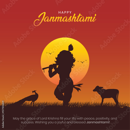 Happy Janmashtami Post and Greeting Card. Birthday of Lord Krishna Janmashtami Celebration and Creative Poster Vector Illustration