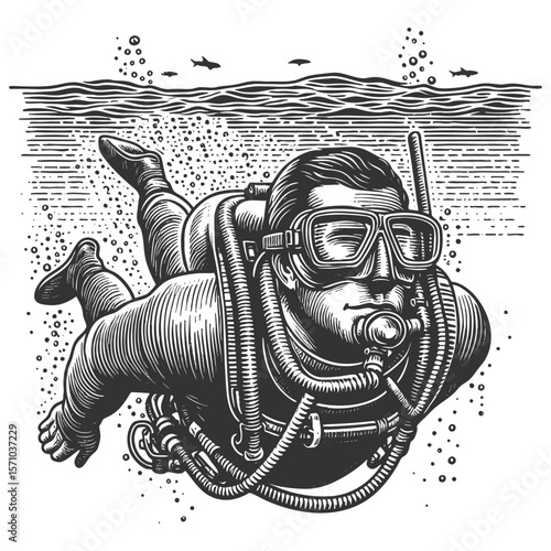 scuba diver exploring underwater sketch engraving generative ai fictional character vector illustration. Scratch board imitation. Black and white image.