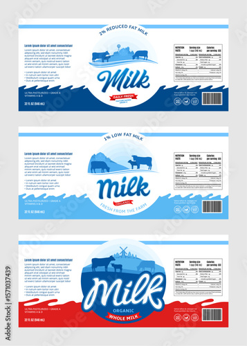 Set of milk labels. Milk packaging design templates, dairy product branding and identity